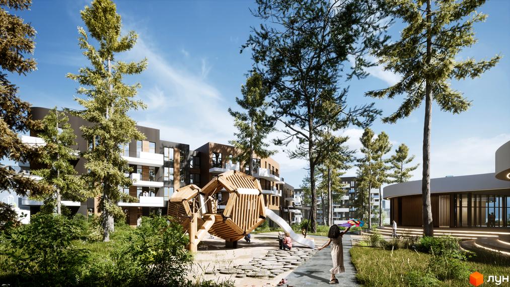 Житловий комплекс Gravity Park: будівлі з балконами та панорамними вікнами, дитячий майданчик, зелена зона з деревами, доріжки для прогулянок.