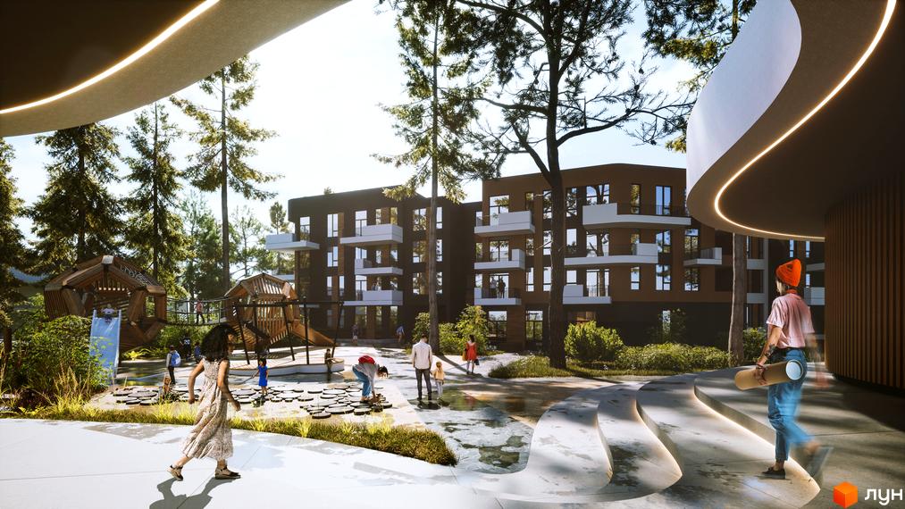Житловий комплекс Gravity Park з сучасними будинками та облаштованою прибудинковою територією з дитячим майданчиком та зонами відпочинку.