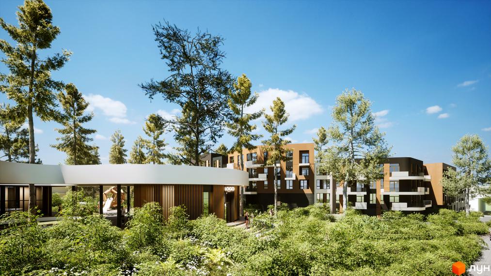 Житловий комплекс Gravity Park з архітектурою у природному стилі. Будівлі з великими вікнами та балконами розташовані серед зелені.