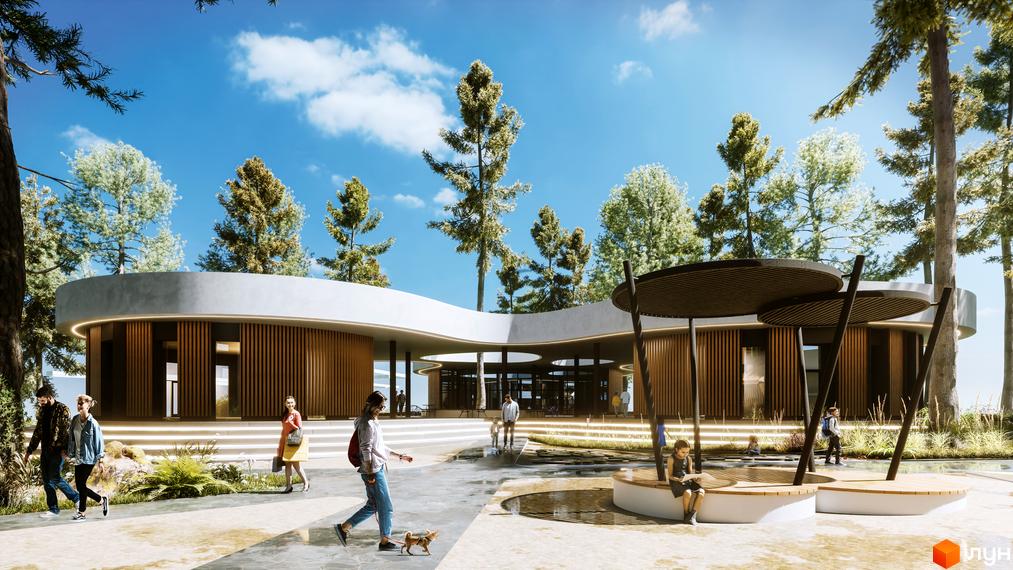 Житловий комплекс Gravity Park з круглим дизайном, дерев'яними панелями та великими вікнами. На території є лавки, дерева та люди.