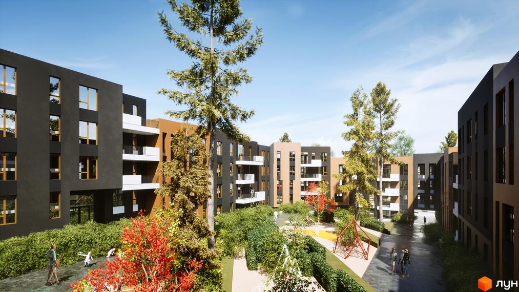 Житловий комплекс Gravity Park з сучасними будинками та доглянутою прибудинковою територією з дитячим майданчиком та зеленими насадженнями.