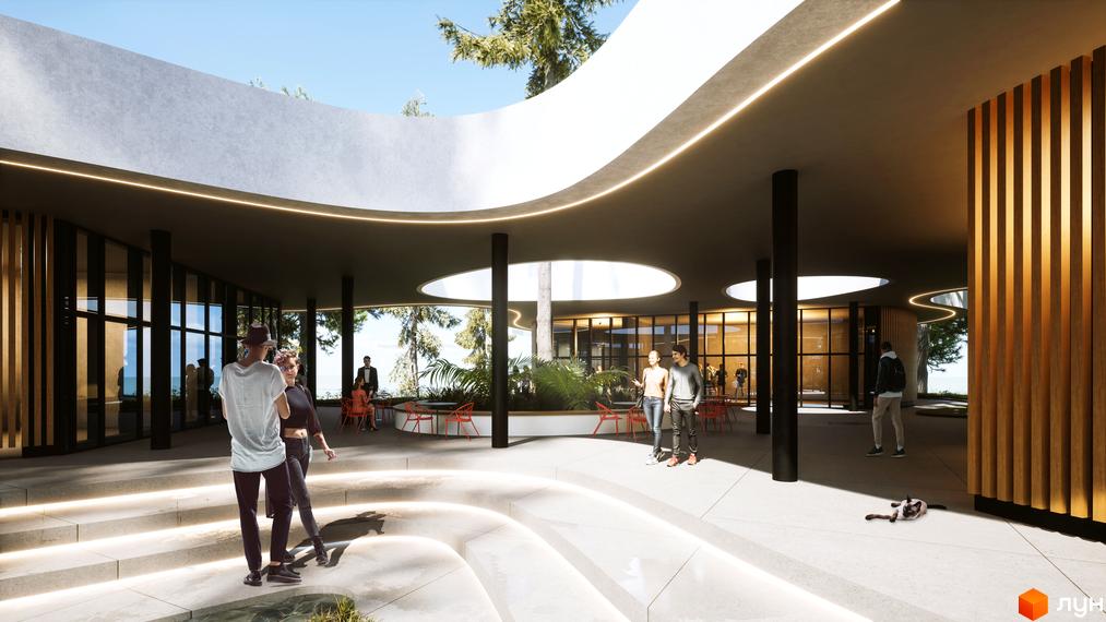 Архітектурний вигляд будівлі житлового комплексу Gravity Park з великими вікнами та круглими отворами в стелі. На території комплексу є люди та рослини.