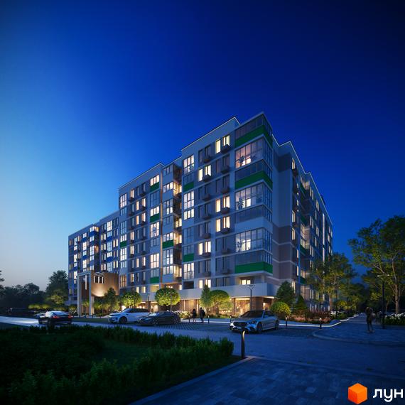 Багатоповерховий будинок ЖК Литовський квартал з великими вікнами та підсвічуванням у вечірню пору. На території є парковка та зелені насадження.