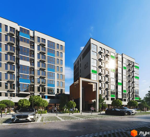 Високоповерхова будівля ЖК Литовський квартал з великими вікнами та балконами. На прибудинковій території є парковка та зелені насадження.