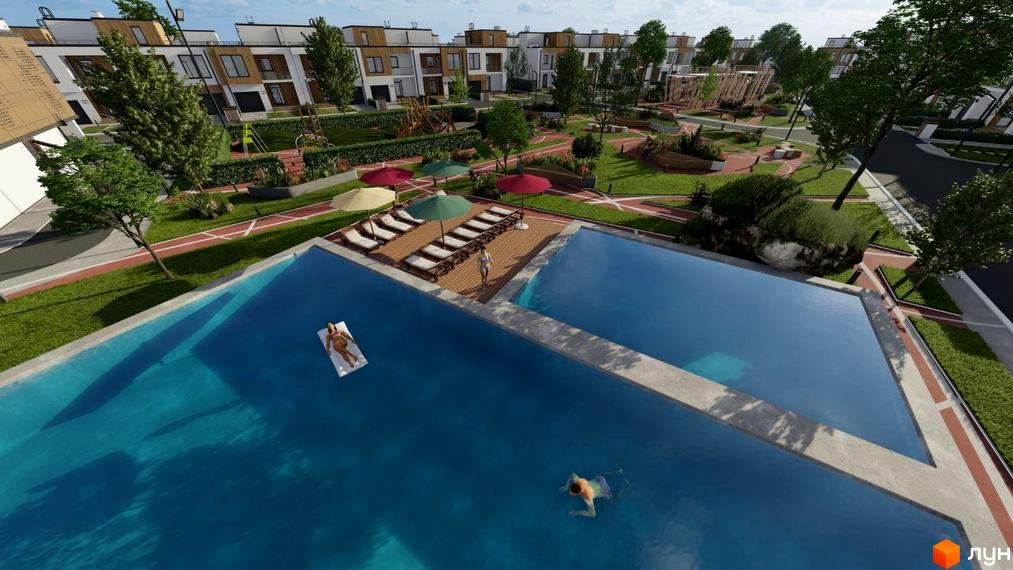 Котеджне містечко Smaragd town з басейном, шезлонгами та зеленими насадженнями. Сучасні будинки з панорамними вікнами та доглянутою прибудинковою територією.