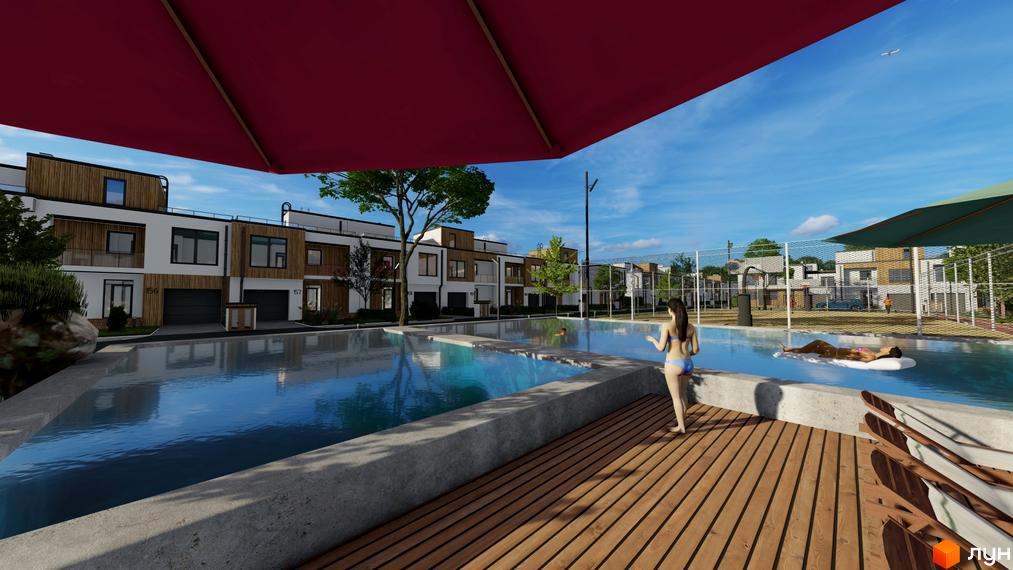 Зображення житлового комплексу Smaragd town з басейном та зоною відпочинку. Сучасні будинки з гаражами та великими вікнами, навколо зелені насадження.