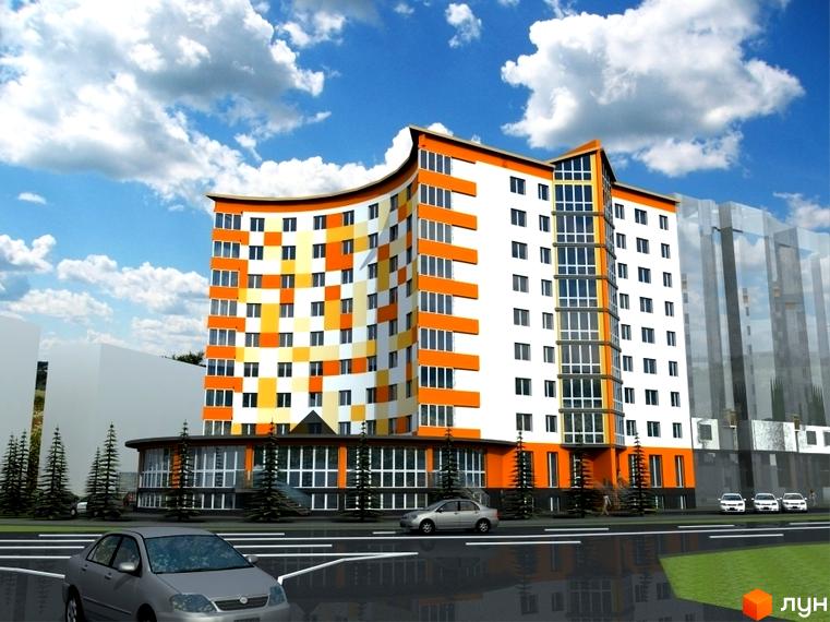 Зображення багатоповерхового будинку на вулиці Івасюка. Навколо будинку зелені насадження та дорога для автомобілів.