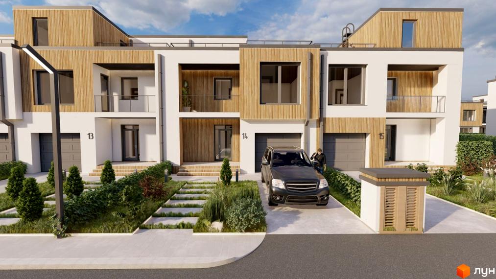 Зображення фасаду будинку в Містечку котеджів Smaragd town з гаражем, балконом та доглянутою прибудинковою територією з рослинами.