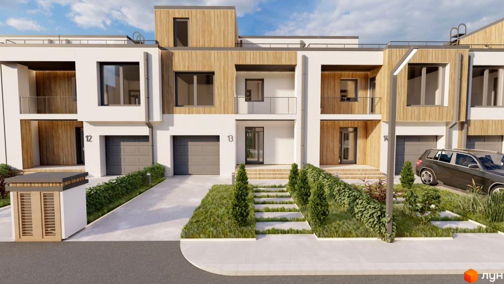 Зображення сторінки житлового комплексу КМ Smaragd town. Триповерхові будинки з гаражами, оздоблені деревом та білим фасадом. Перед будинками газон та доріжки.
