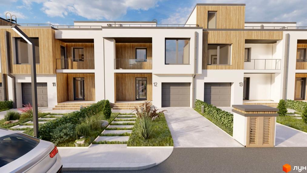 Зображення будинку в Котеджному містечку Smaragd town. Білі фасади з дерев'яними вставками, гараж, доглянута прибудинкова територія з рослинами.