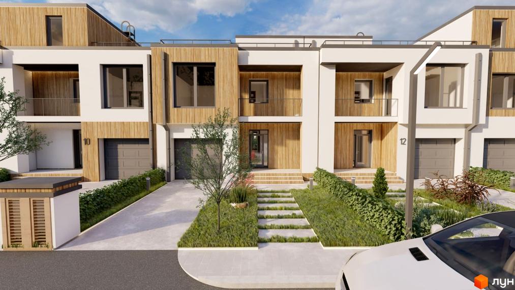 Зовнішній вигляд таунхаусів в Містечку котеджів Smaragd town з гаражами та доглянутою прибудинковою територією з газонами та доріжками.