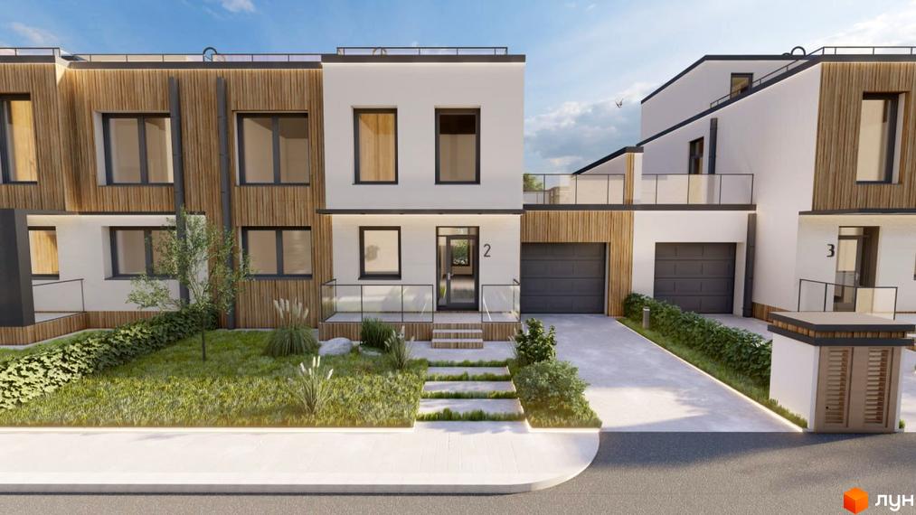 Зображення фасаду будинку в Містечко котеджів Smaragd town з білими стінами та дерев'яними панелями. Перед будинком газон та доріжка з плит.