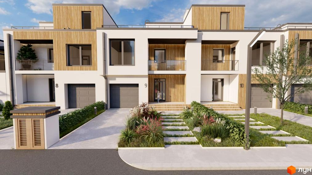 Фасад будинку в Котеджному містечку Smaragd town з оздобленням з дерева та білого кольору. На прибудинковій території газон та доріжки.