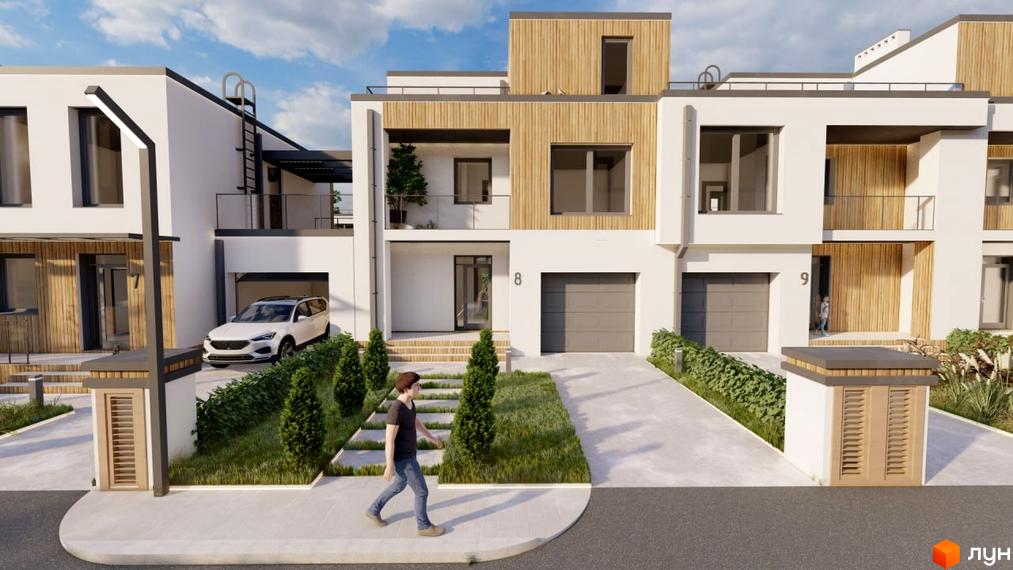 Зображення будинку в Котеджному містечку Smaragd town з білими фасадами, дерев'яними вставками та зеленими насадженнями на прибудинковій території.