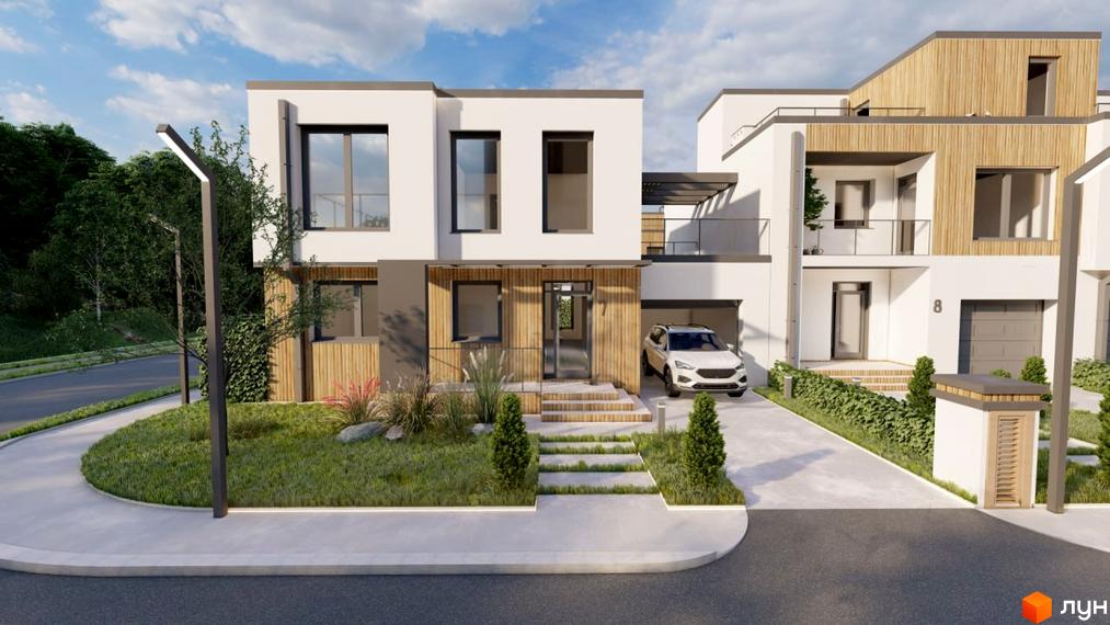 Фасад будинку в Котеджному містечку Smaragd town з білими стінами та дерев'яними вставками. На території газон, доріжки та місце для паркування.