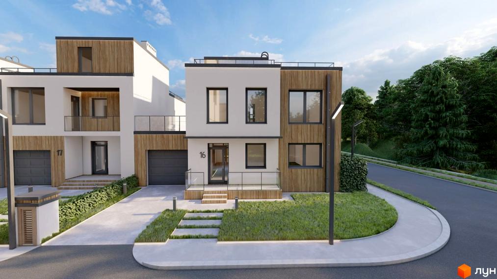 Двоповерховий будинок з білими стінами та дерев'яними панелями, перед будинком доглянута зелена зона з доріжками та газон.