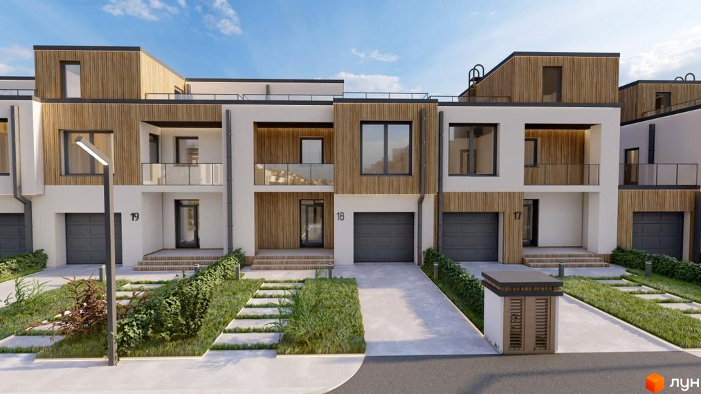 Зображення фасаду будинку в Містечку котеджів Smaragd town. На фото видно будівлі з гаражами, балконами та доглянутою прибудинковою територією з газонами та доріжками.