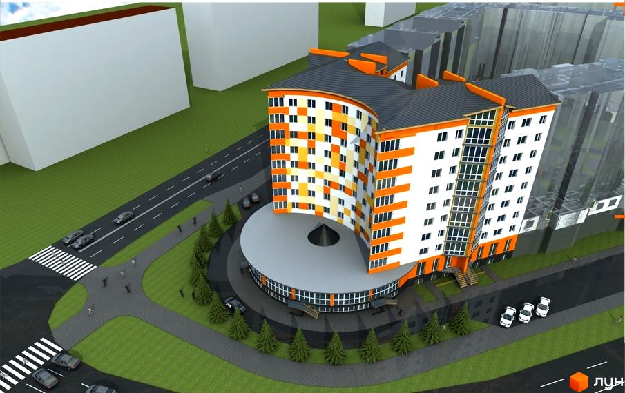 Зображення фасаду та прибудинкової території Житлового комплексу на вулиці Івасюка. На фото багатоповерхівка з круглим переходом, поруч дорога, зелені насадження та автомобілі.