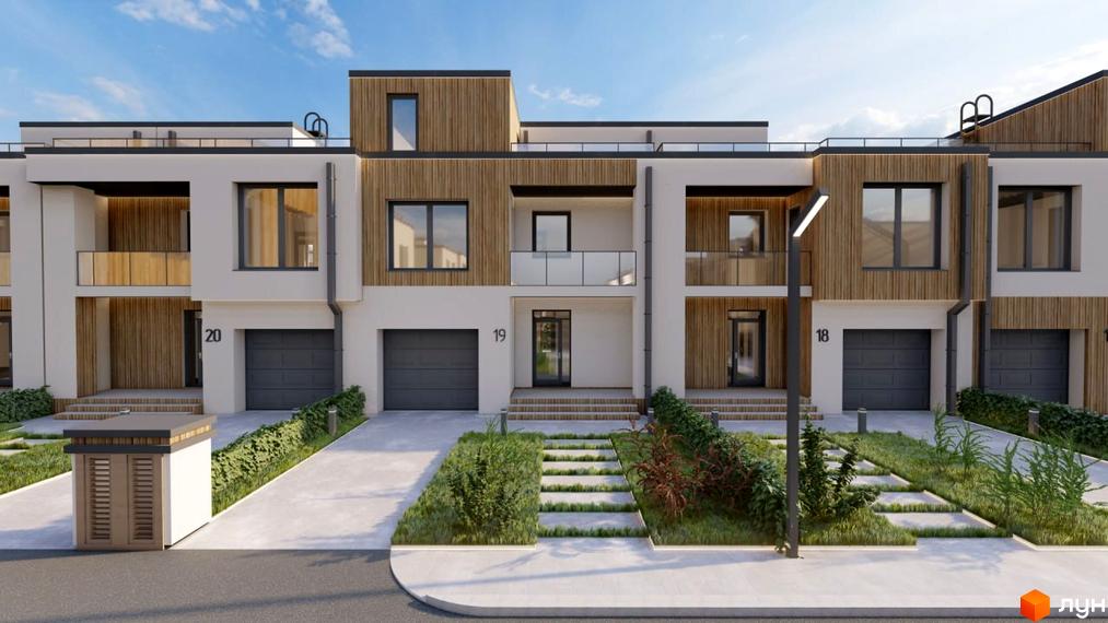 Зображення фасаду будинку в Котеджному містечку Smaragd town з гаражем, панорамними вікнами та доглянутою прибудинковою територією з рослинами.