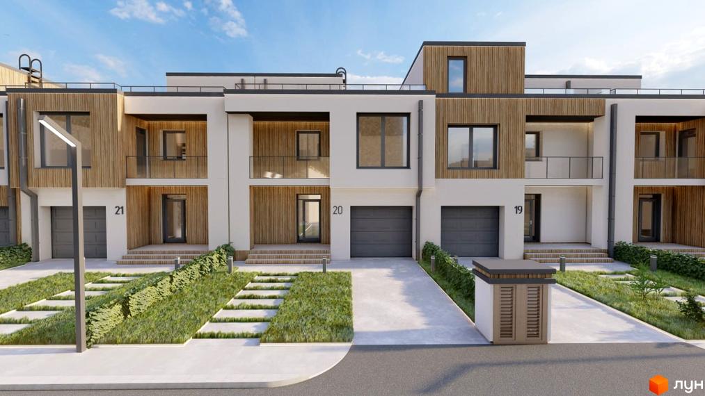 Зображення сторінки житлового комплексу КМ Smaragd town. На фото ряд двоповерхових будинків з дерев'яним оздобленням та гаражами, перед будинками доглянута прибудинкова територія.