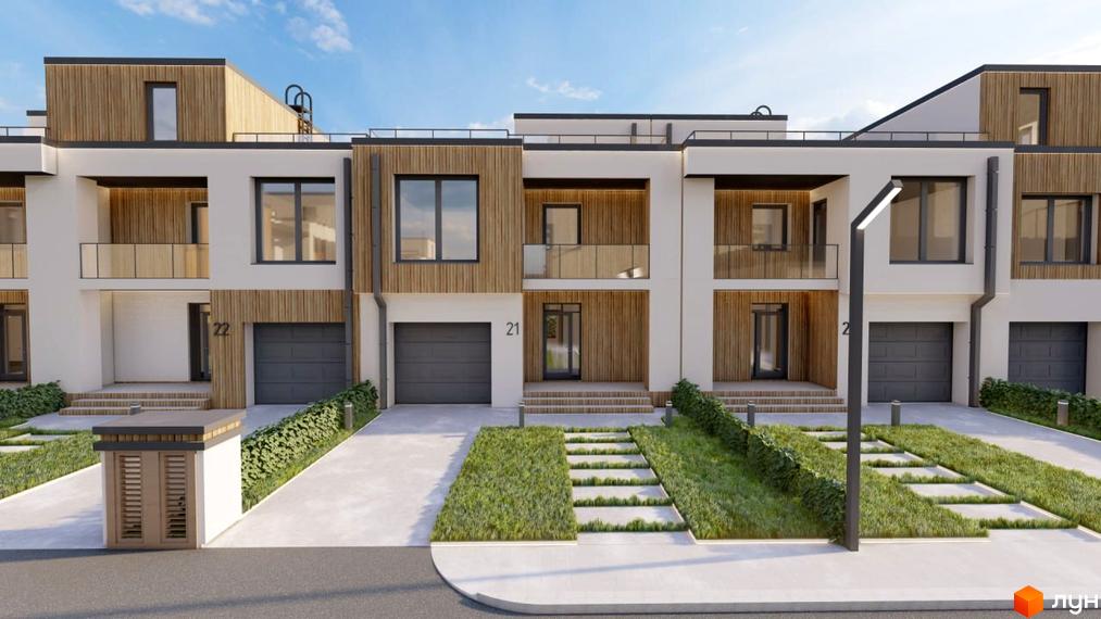 Зображення фасаду будинку в Містечку котеджів Smaragd town. Білі стіни з дерев'яними вставками, гараж, доріжка з газоном та сходами до входу.