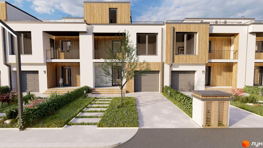 Фасад котеджів КМ Smaragd town з дерев'яним оздобленням. Перед будинками доглянутий газон з декоративними рослинами та доріжками.