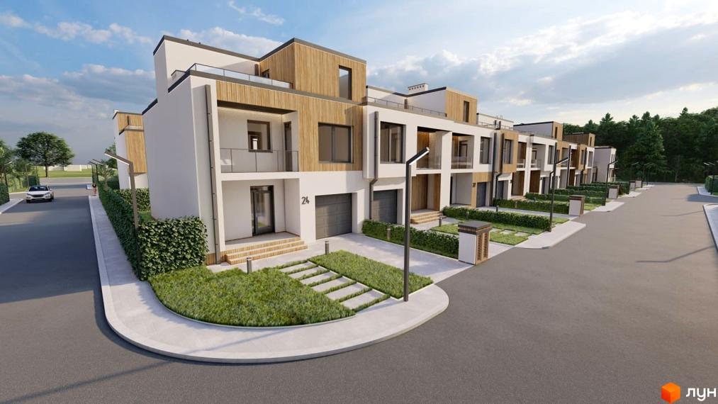 Зображення фасаду будинку в Котеджному містечку Smaragd town. На фото видно будівлі з білими стінами та деревʼяними вставками, а також доглянуту прибудинкову територію з газонами.