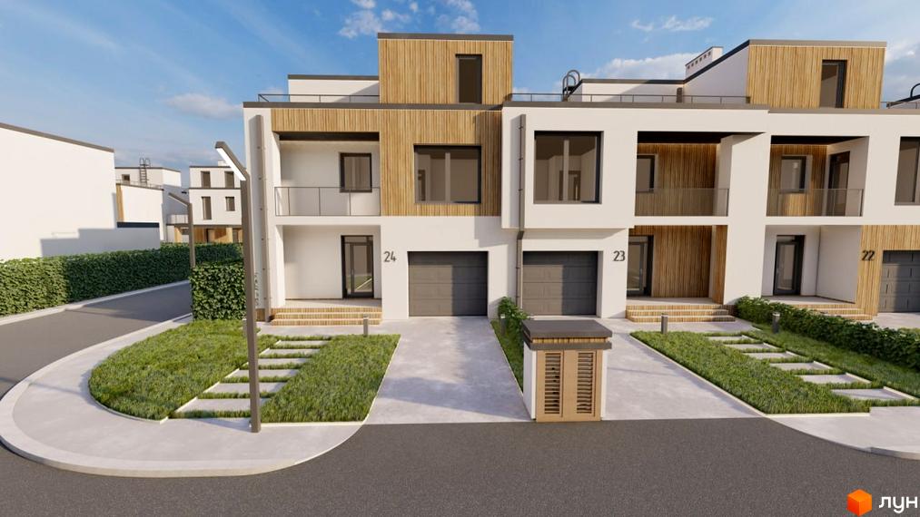 Зображення фасаду будинку в Містечку котеджів Smaragd town з гаражем, терасою та доглянутою прибудинковою територією з газоном та доріжками.