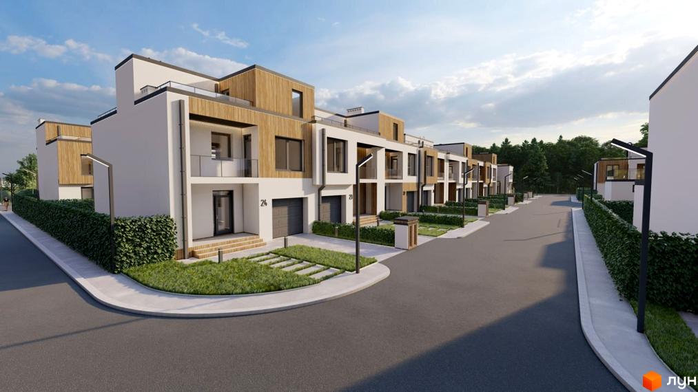 Ряд сучасних будинків з білими фасадами та дерев'яними вставками. Перед будинками доглянута прибудинкова територія з газонами та тротуарами.