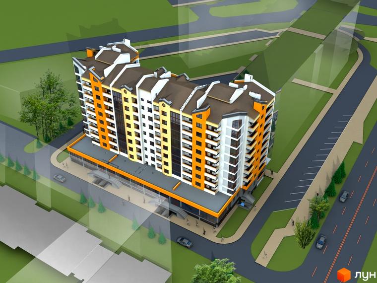 Зображення багатоповерхового будинку на вулиці Івасюка. Житловий комплекс з прибудинковою територією та парковкою.