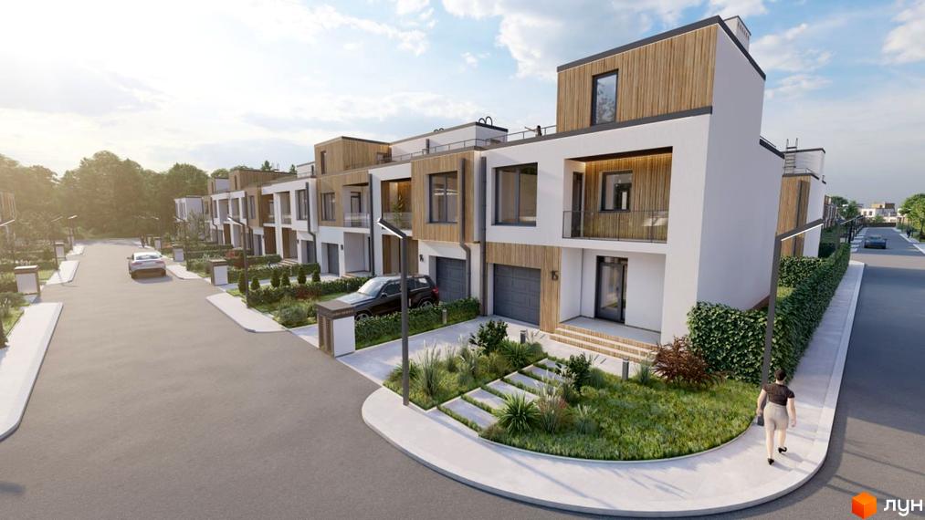 Будинки в Котеджному містечку Smaragd town з фасадами з дерева та білого кольору, з гаражами та доглянутою прибудинковою територією з рослинами та доріжками.