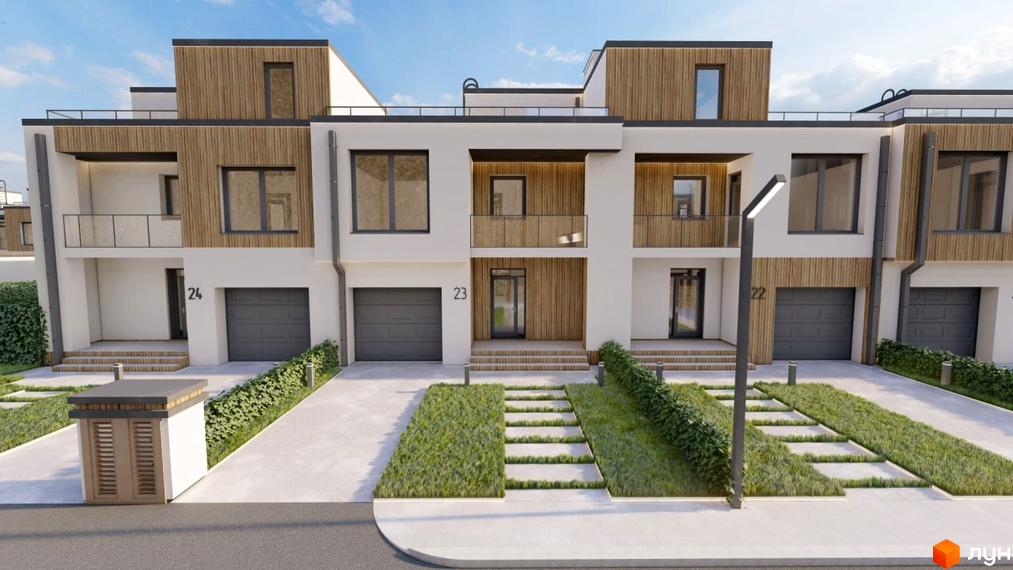 Зображення фасаду будинку в Котеджному містечку Smaragd town з гаражем та доглянутою прибудинковою територією з газоном.