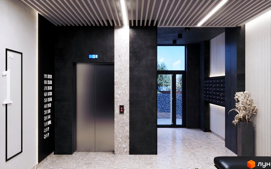 Сучасний дизайн входу до житлового комплексу ЖК SKYLINE з ліфтом та поштовими скриньками. Елегантний інтер'єр лобі новобудови.