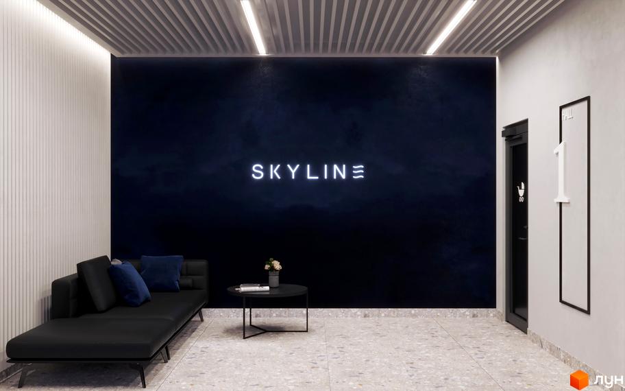 Сучасний інтер'єр холу житлового комплексу SKYLINE з диваном та неоновою вивіскою. Опис новобудови для просування сайту.