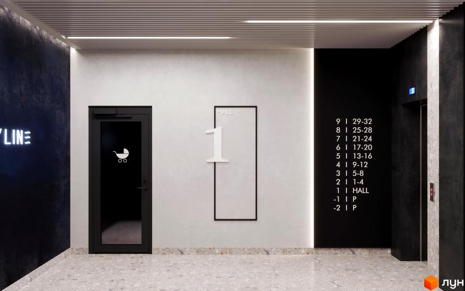 Житловий комплекс SKYLINE: вхідна група з дверима та ліфтом. Сучасна новобудова з елементами дизайну.