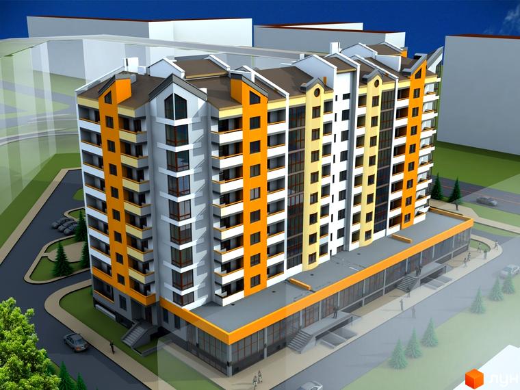 Зображення фасаду та прибудинкової території Новобудови по вулиці Івасюка. Багатоповерховий будинок з яскравими кольорами та великими вікнами.