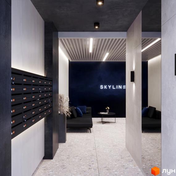Сучасний вхід до житлового комплексу SKYLINE з поштовими скриньками та зоною відпочинку.