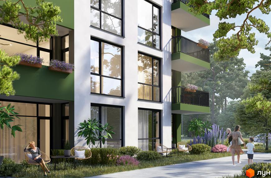 Зовнішній вигляд будинку ЖК Грінвуд-4 з білими стінами та великими вікнами, зелені балкони з квітами, доглянута прибудинкова територія з рослинами та людьми.