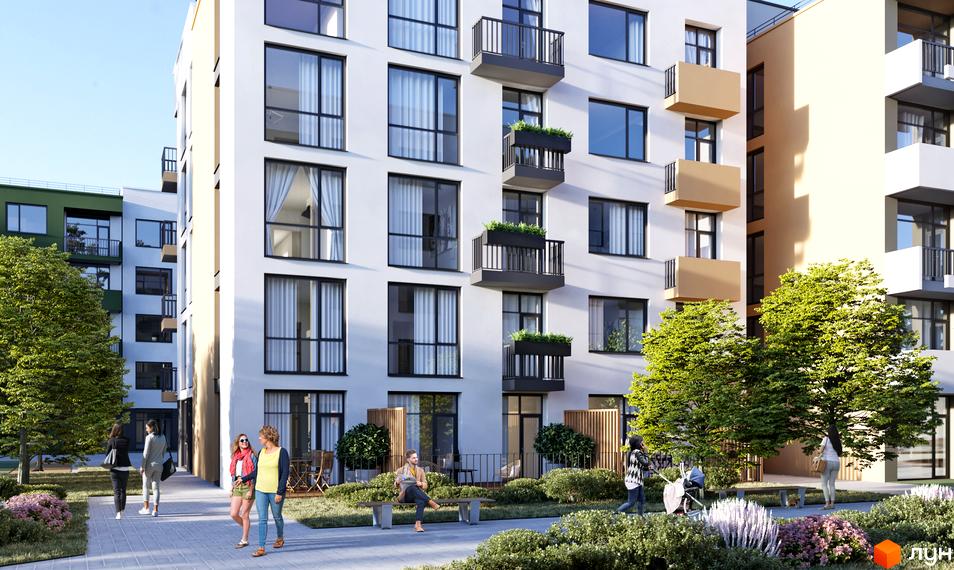 Житловий комплекс Грінвуд-4 з білими фасадами, балконами та зеленими насадженнями. На прибудинковій території облаштовані зони відпочинку та доріжки для прогулянок.