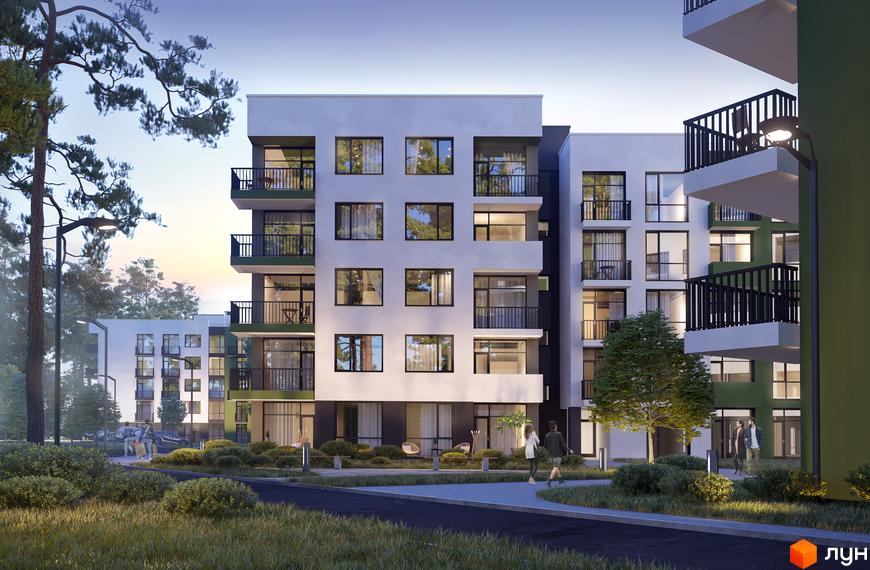 Зовнішній вигляд житлового комплексу Грінвуд-4 з балконами та вікнами, що виходять на зелену прибудинкову територію з деревами та доріжками.