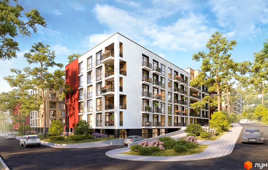 Зовнішній вигляд ЖК Грінвуд-3 з білими фасадами, червоною акцентною стіною та численними балконами, оточений зеленими деревами та доглянутою прибудинковою територією.