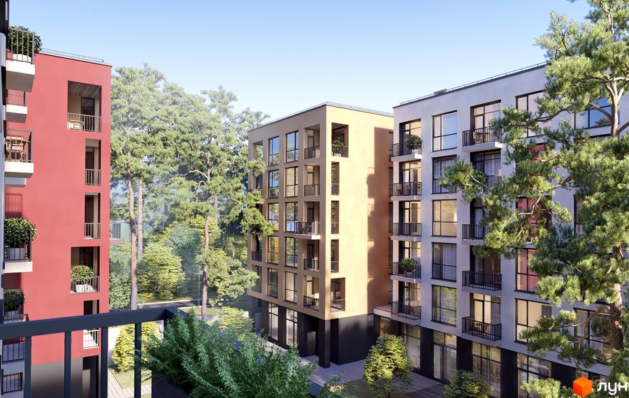 Зовнішній вигляд житлового комплексу Грінвуд-3 з червоною, бежевою та білою будівлями, балконами та зеленими деревами навколо. Прибудинкова територія з доріжками та кущами.