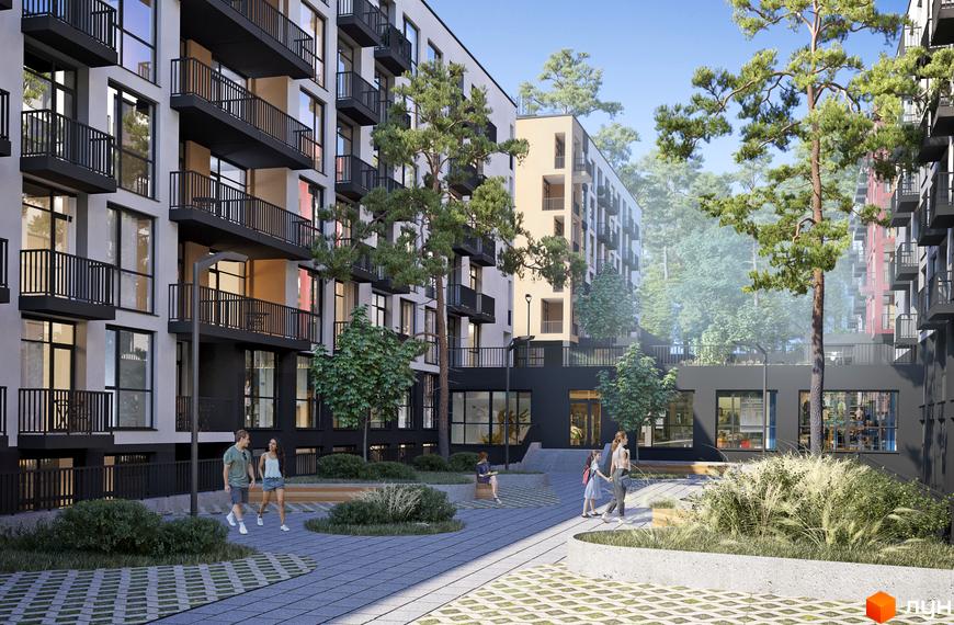 Житловий комплекс Грінвуд-3: багатоповерхові будинки зі світлими фасадами та темними балконами, оточені зеленою територією з доріжками та деревами.