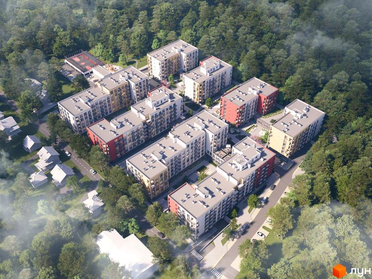 Багатоповерхові будинки житлового комплексу Грінвуд-3 з білими, червоними та жовтими фасадами. Комплекс оточений лісом, має спортивний майданчик та дитячу зону.