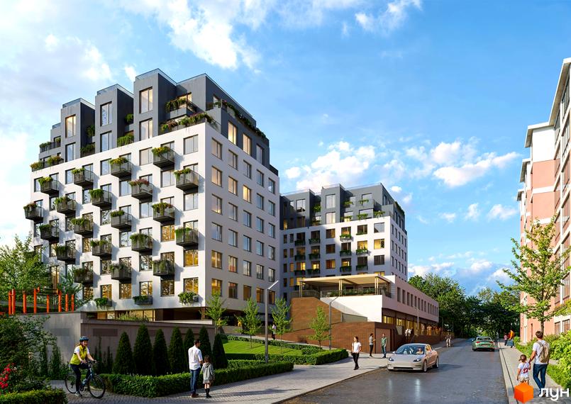 Зображення сторінки ЖК Olympic White. Біла будівля з балконами та терасами, навколо зелені насадження та дорога з автомобілями.