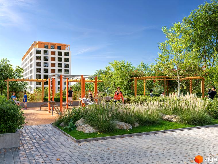 Житловий комплекс Олімпійський White з терасами та облаштованою прибудинковою територією з зонами відпочинку та спортивним майданчиком.