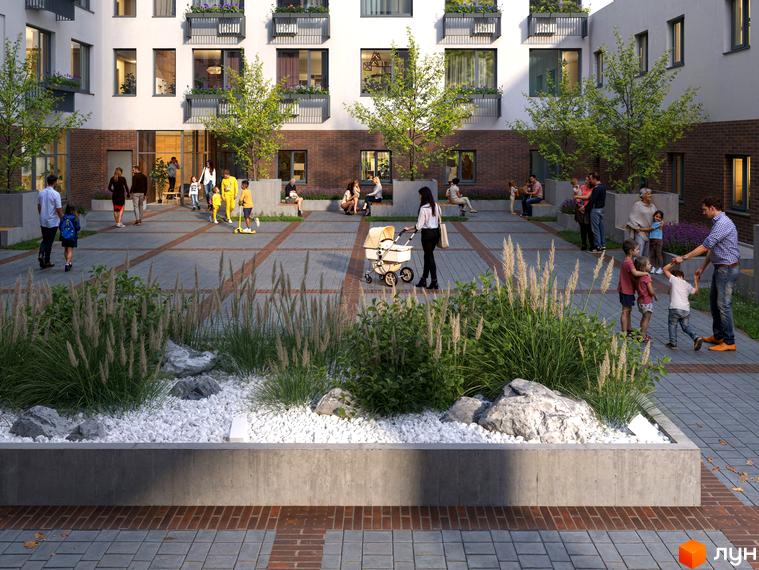 Зовнішній вигляд житлового комплексу Олімпійський White з просторим внутрішнім двором, де відпочивають сім'ї з дітьми. Новобудова з елементами озеленення.