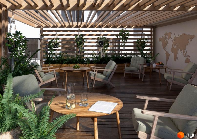 Затишна тераса в ЖК Олімпійський White з дерев'яними меблями, рослинами та видом на світ. Ідеальне місце для відпочинку на свіжому повітрі.