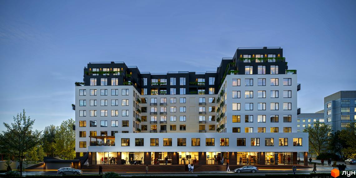 Зовнішній вигляд новобудови Олімпійський White з фасадами білого та сірого кольору та прибудинковою територією з деревами та дорогою.