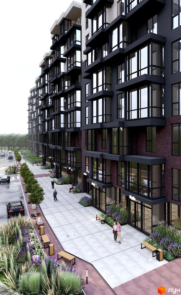 Житловий комплекс Науковий. Багатоповерховий будинок з великими вікнами та терасами. Благоустрій території з ландшафтним дизайном, місцями для відпочинку та алеєю.